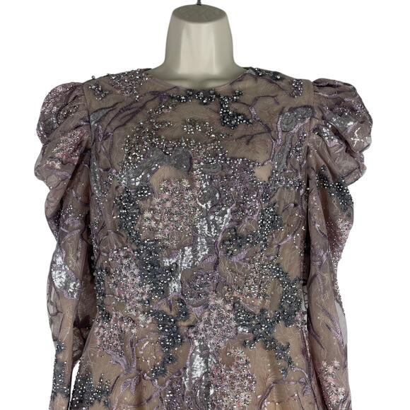 Mac Duggal Embellished High Neck Puff Sleeve A-Line Dress Taupe Size 6 - Picture 4 of 12